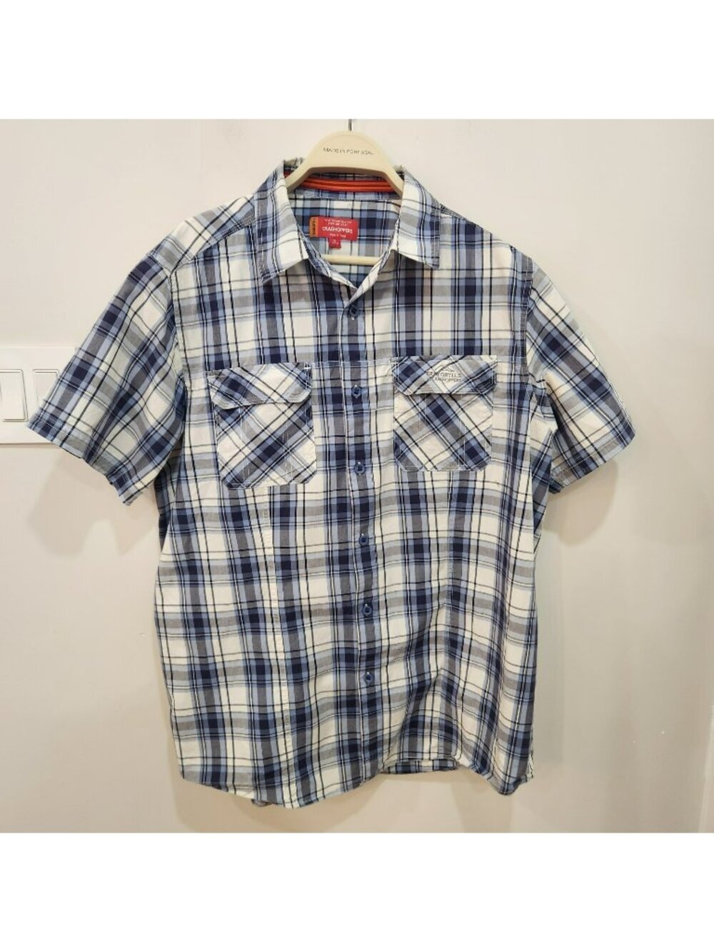 Bear Grylls By Craghoppers Shirt Mens XL Blue Plaid Short Sleeve Snap Pockets